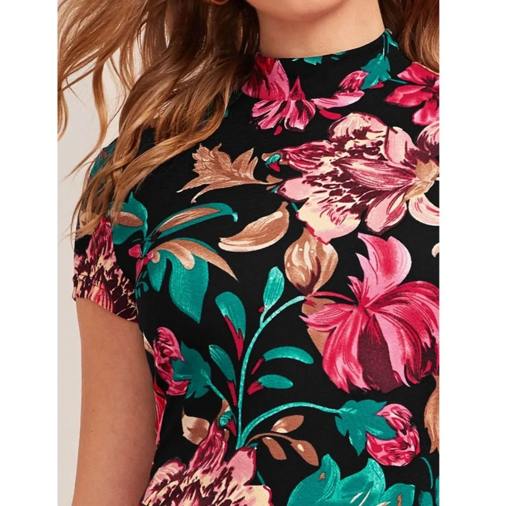 Floral Pattern Black Slim Dress Knee Length - Picture 5 of 9